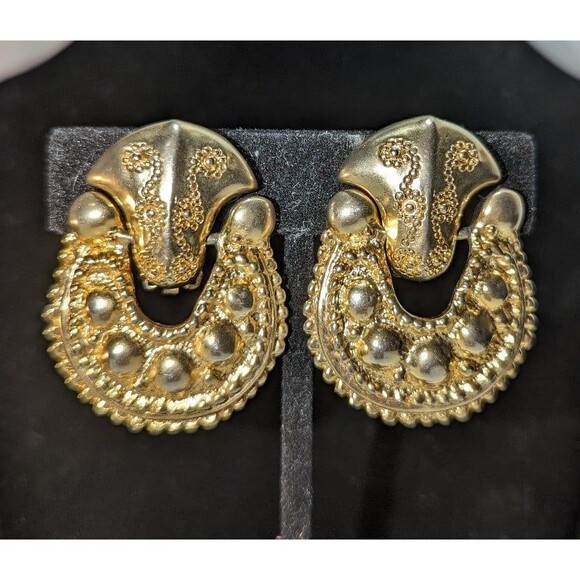 Door Knocker Earrings Bold Gold Tone Vintage - Picture 3 of 8